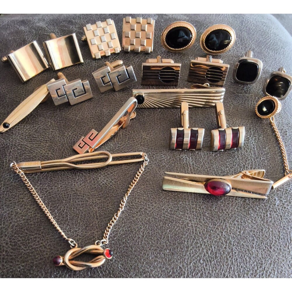 Vintage Mens Gold Tone Cufflink Tie Bar Lot Swank Anson MCM Modern